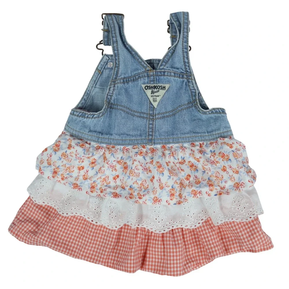 OshKosh Bgosh Denim Overall Floral Gingham Ruffle Skirt Dress 18m Farmhouse Boho